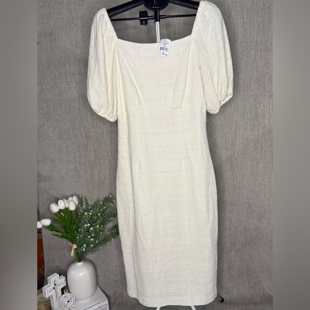 NWT Shoshanna Cream Puff Sleeve Textured Midi Dress Size 12